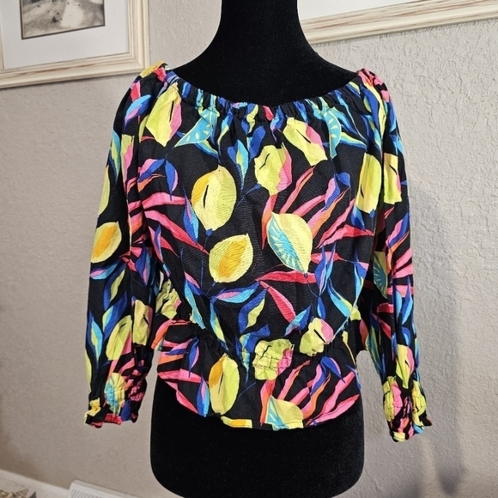 Tabitha Brown Linen Blend Off Shoulder Long Sleeve Lemon Leaf Print Top M‎